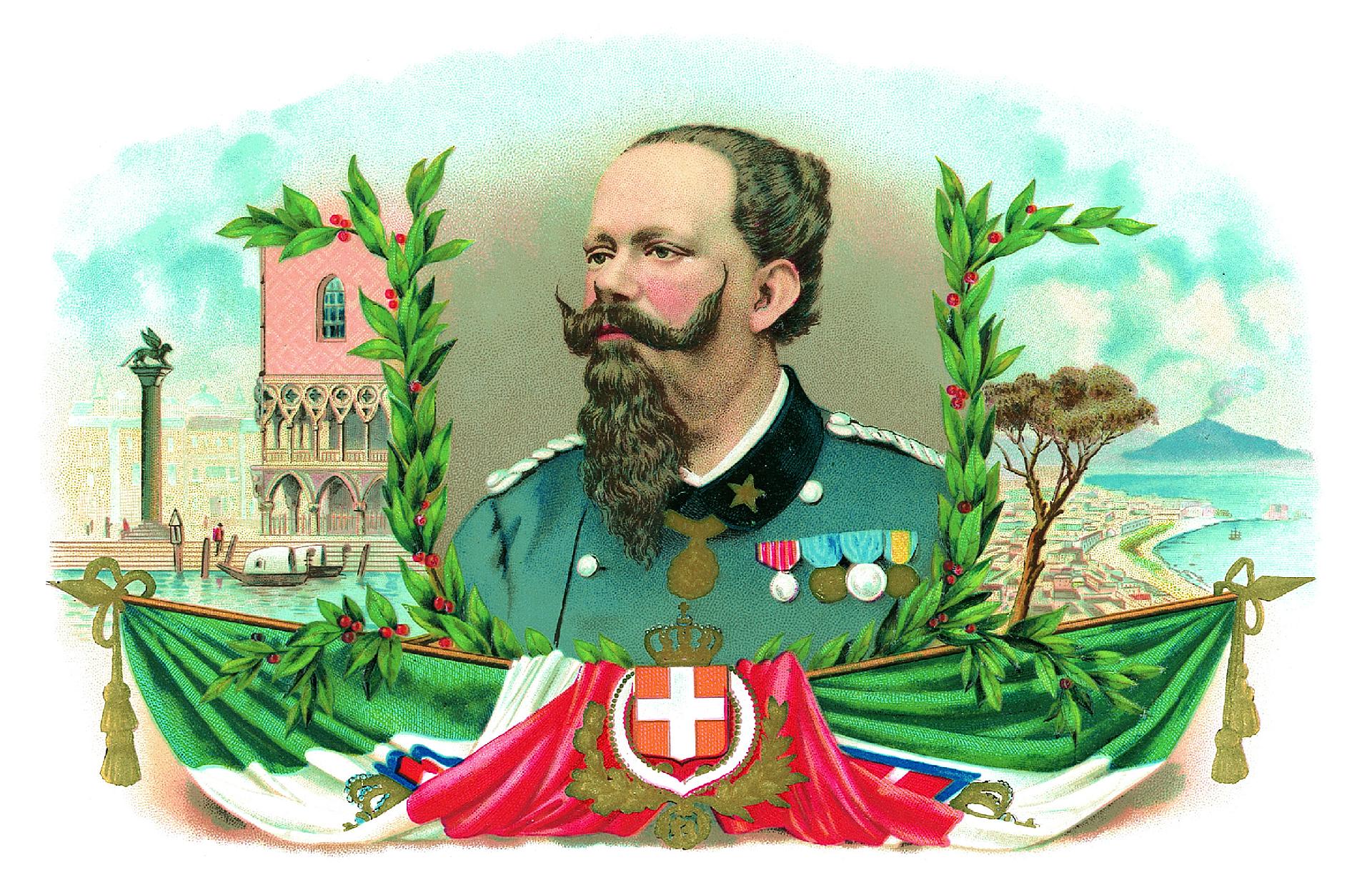 Portrait of Vittorio Emanuele II with the Italian flag and Savoy coat of arms, showing views of Naples and Venice, cigar box label, 1890 - Museo Nazionale della Montagna "Duca Degli Abruzzi" - CAI Torino