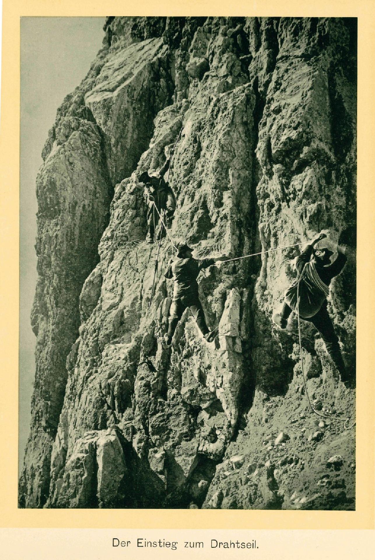 Der einstieg zum drahtseil. In: Die Besteigung des Cimone della Pala: ein Album für Kletterer und Dolomiten-Freunde, Theodor Wundt, 1892 - MUSE - Museo delle Scienze di Trento