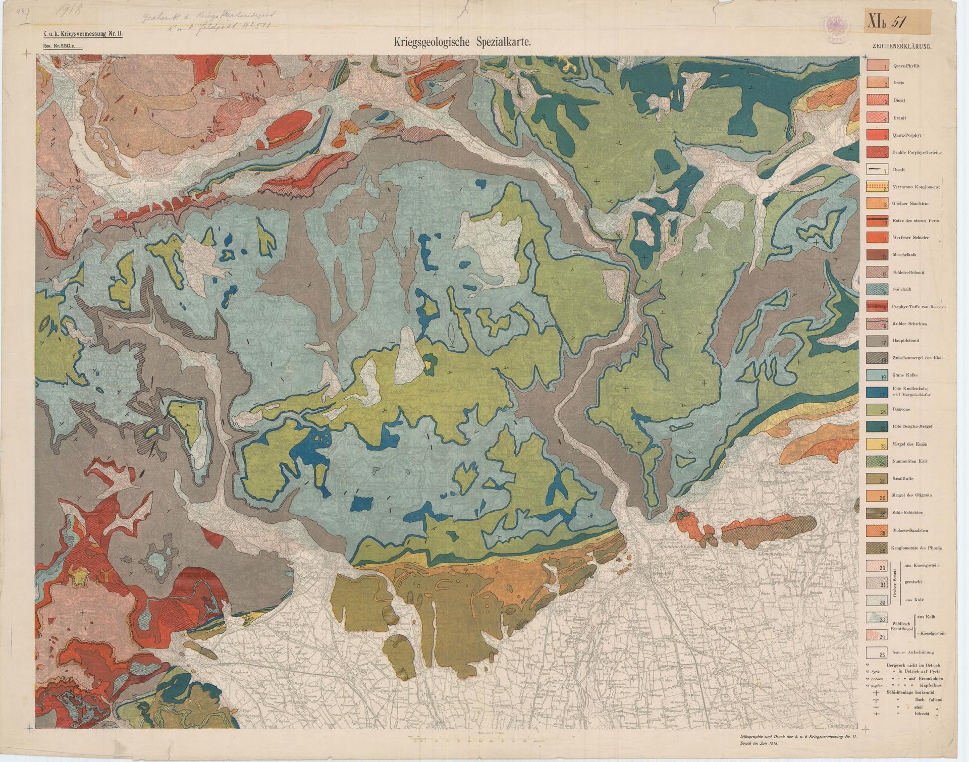 During the first world world, geological maps are created expressly designed as bases for war logistics. Kriegsgeologische Spezialkarte, Schwinner, 1918, Cartographic Collections of the Geological Service of Italy, Biblioteca Ispra - MUSE - Museo delle Scienze di Trento