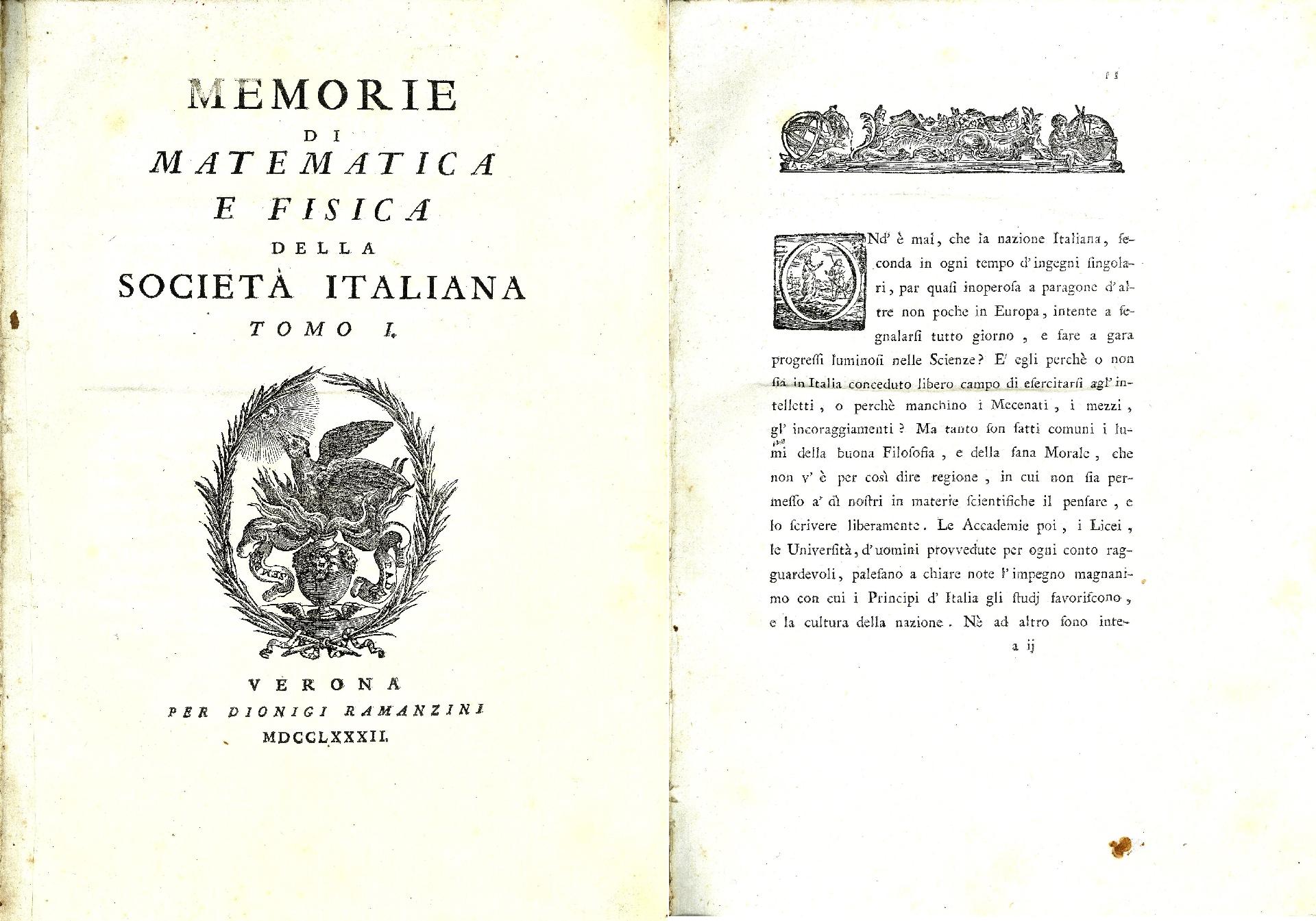 The first volume of the Academic Memories, printed in 1782. Title page and first page of the preface by Lorgna - CC BY-SA Accademia Nazionale delle Scienze, detta dei XL