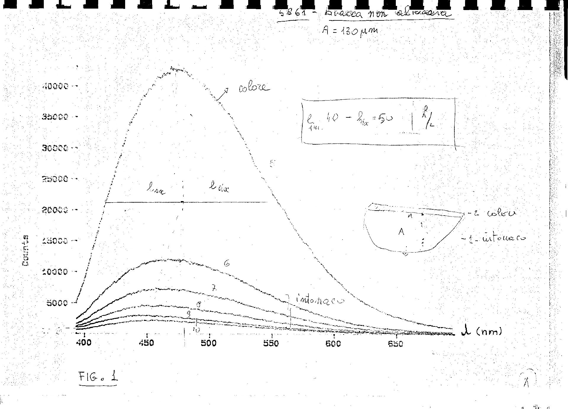 Spettro di microspettrofluorimetria UV ottenuto da un campione prelevato dagli Apostoli (transetto sud) dipinti dal "Maestro Oltremontano" nella basilica superiore di San Francesco ad Assisi (rif. arch. n. 287/1998). - CC BY-SA Archivio Gallone