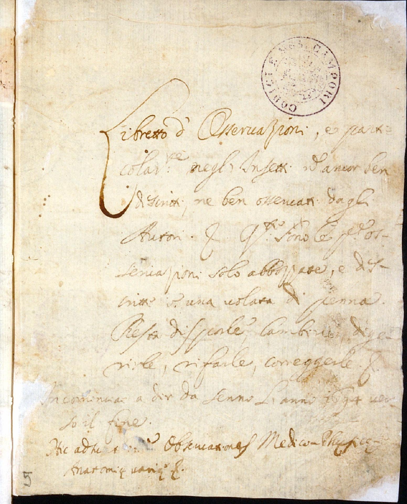 A. Vallisneri, Quaderni di osservazioni, I, Frontespizio - Biblioteca Estense di Modena - CC BY-SA Edizione nazionale delle Opere di Antonio Vallisneri